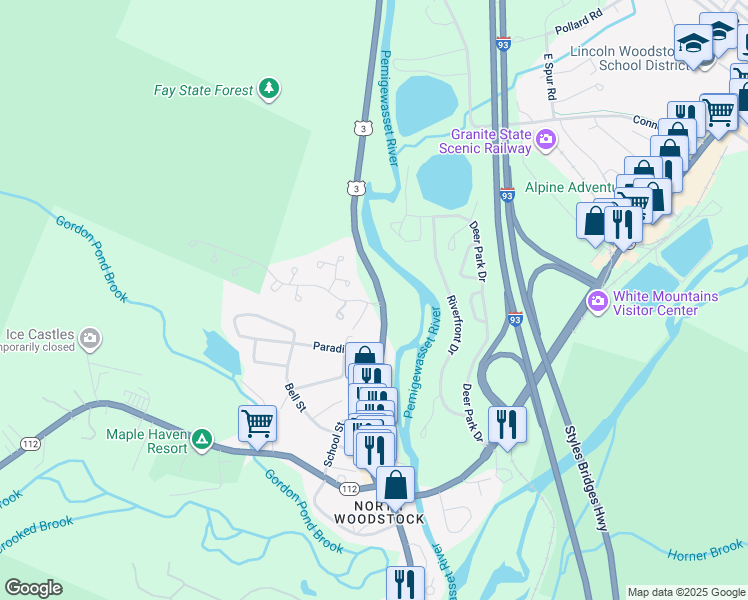 map of restaurants, bars, coffee shops, grocery stores, and more near 193 Daniel Webster Highway in Woodstock