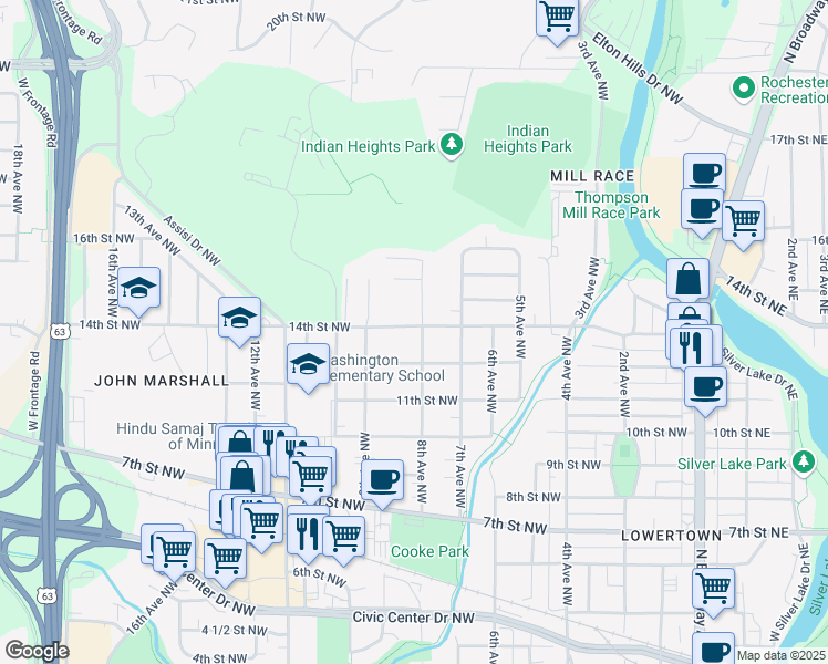 map of restaurants, bars, coffee shops, grocery stores, and more near 1214 8th Avenue Northwest in Rochester