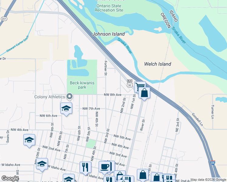 map of restaurants, bars, coffee shops, grocery stores, and more near 784 Northwest 3rd Street in Ontario
