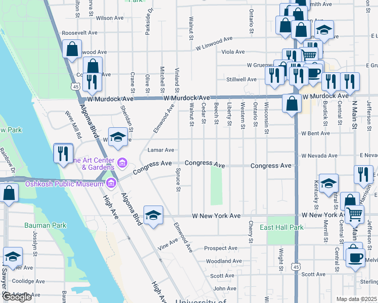 map of restaurants, bars, coffee shops, grocery stores, and more near 1421 Walnut Street in Oshkosh