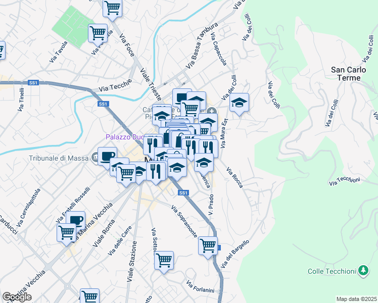 map of restaurants, bars, coffee shops, grocery stores, and more near 19 Via Bastione in Massa