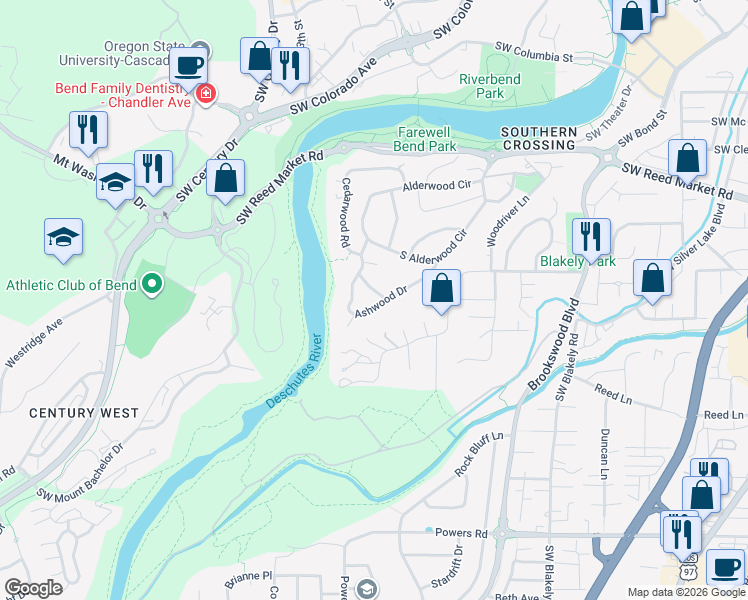 map of restaurants, bars, coffee shops, grocery stores, and more near 19925 Ashwood Drive in Bend