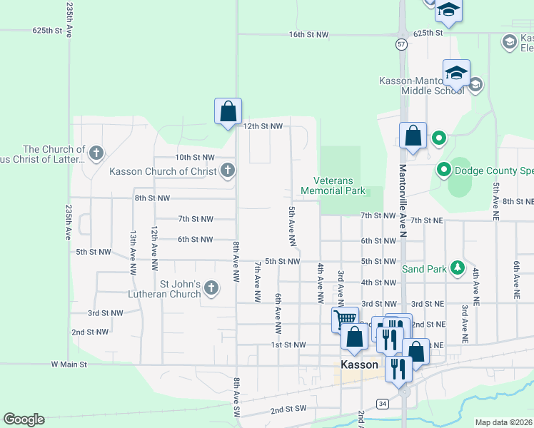 map of restaurants, bars, coffee shops, grocery stores, and more near 600 8th Avenue Northwest in Kasson