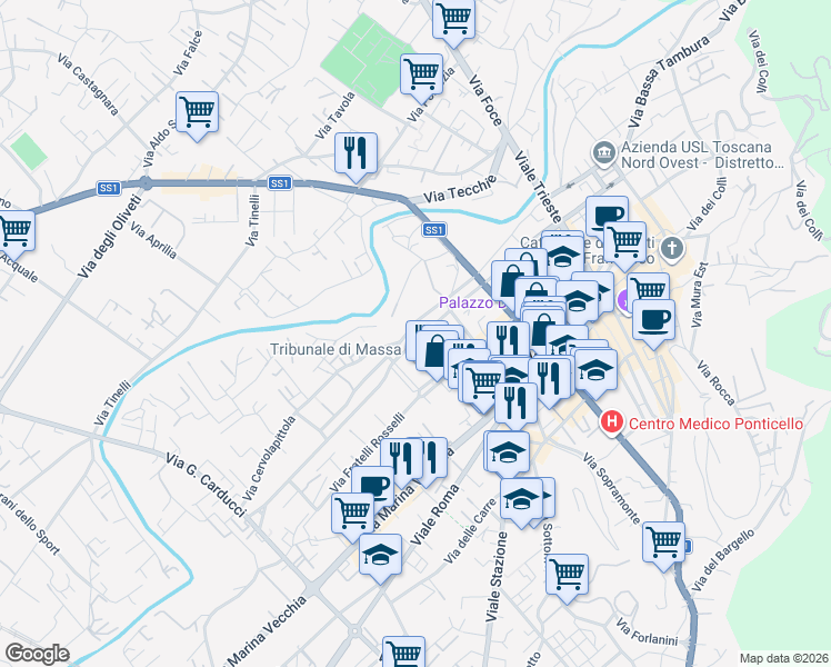 map of restaurants, bars, coffee shops, grocery stores, and more near 2 Via Cesare Beccaria in Massa