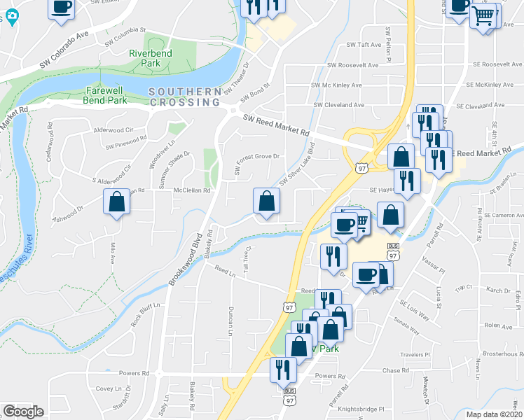 map of restaurants, bars, coffee shops, grocery stores, and more near 1260 Southwest Silver Lake Boulevard in Bend
