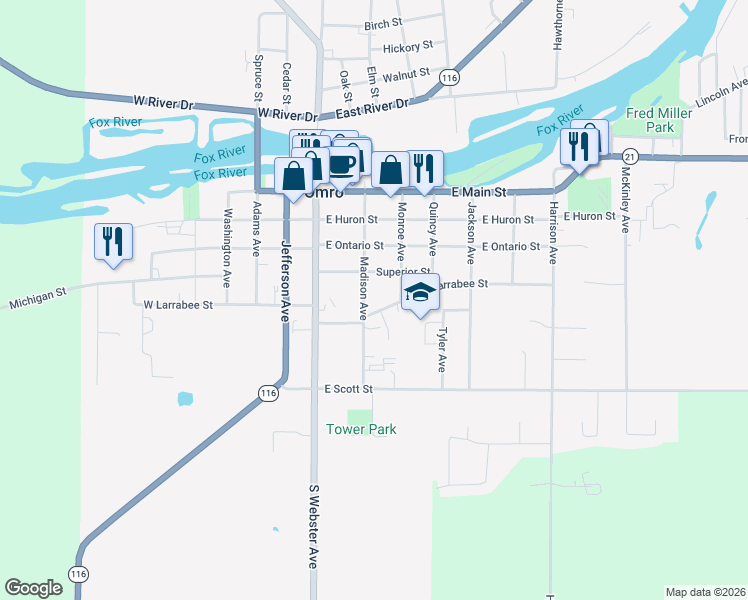map of restaurants, bars, coffee shops, grocery stores, and more near 240 East Larrabee Street in Omro