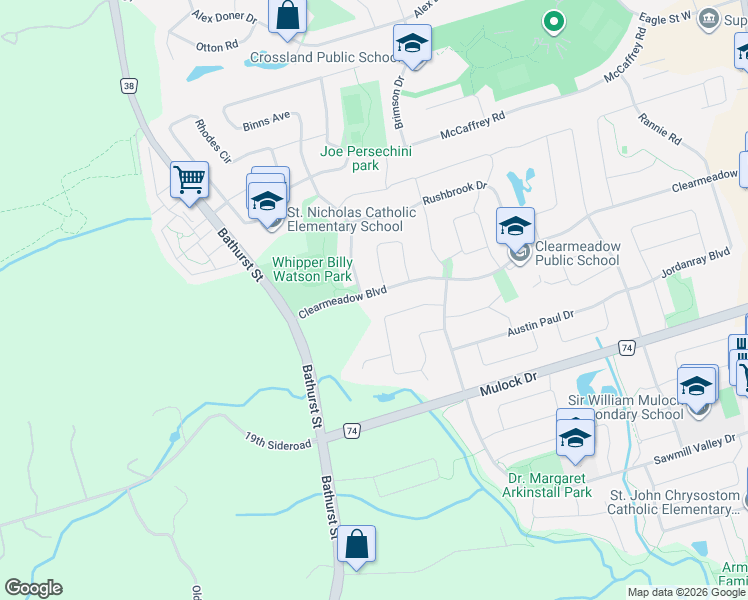map of restaurants, bars, coffee shops, grocery stores, and more near 410 Clearmeadow Boulevard in Newmarket