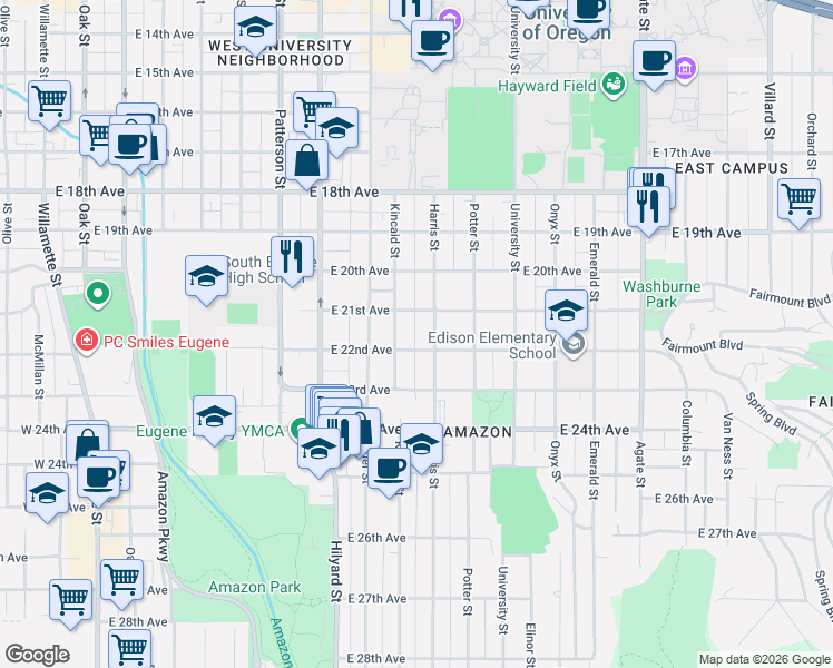 map of restaurants, bars, coffee shops, grocery stores, and more near 2159 Harris Alley in Eugene
