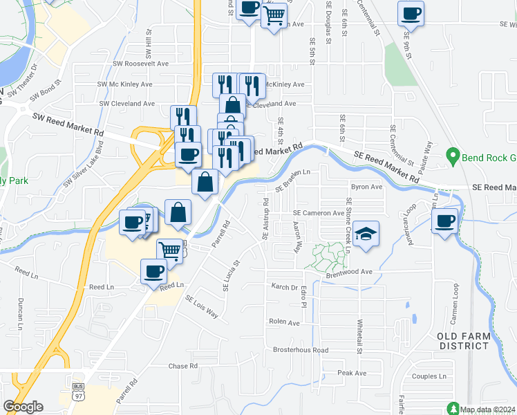 map of restaurants, bars, coffee shops, grocery stores, and more near 20435 Angel Court in Bend