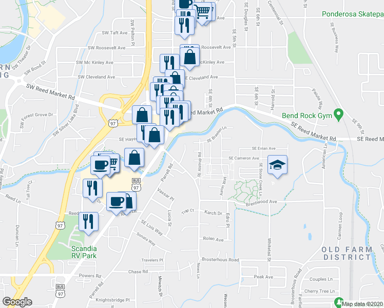 map of restaurants, bars, coffee shops, grocery stores, and more near 20435 Angel Court in Bend