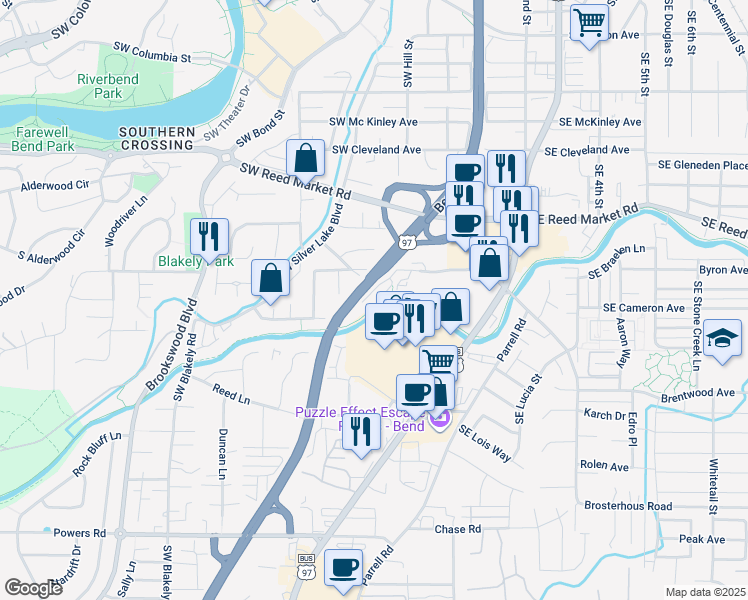 map of restaurants, bars, coffee shops, grocery stores, and more near 179 Southwest Hayes Avenue in Bend