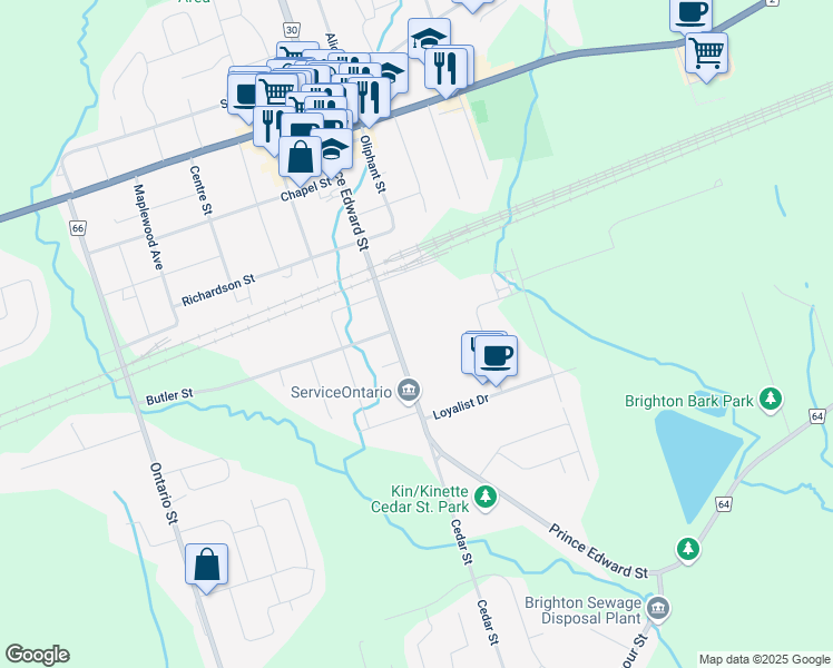 map of restaurants, bars, coffee shops, grocery stores, and more near 117 Prince Edward Street in Brighton