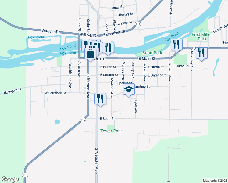 map of restaurants, bars, coffee shops, grocery stores, and more near 240 East Larrabee Street in Omro