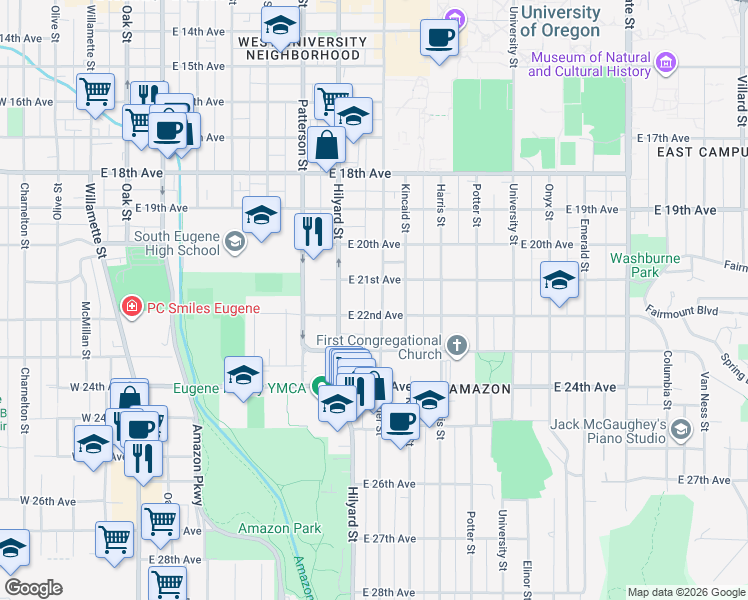 map of restaurants, bars, coffee shops, grocery stores, and more near 2158 Alder Street in Eugene