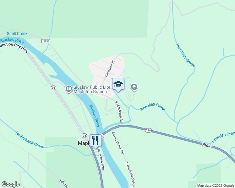 map of restaurants, bars, coffee shops, grocery stores, and more near 10868 East Mapleton Road in Mapleton