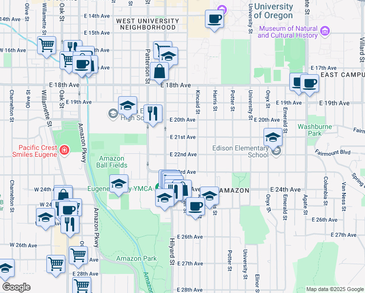 map of restaurants, bars, coffee shops, grocery stores, and more near 2158 Alder Street in Eugene