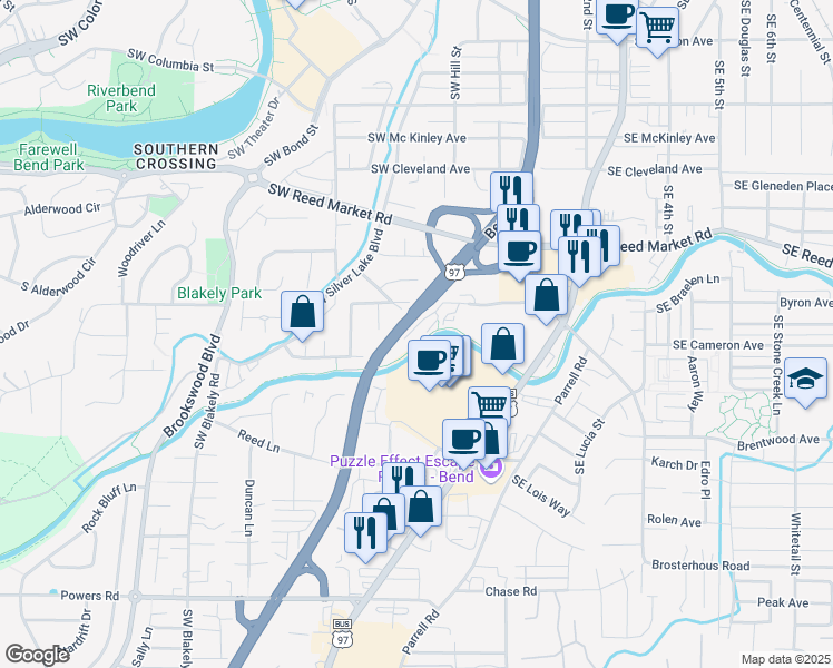 map of restaurants, bars, coffee shops, grocery stores, and more near 179 Southwest Hayes Avenue in Bend