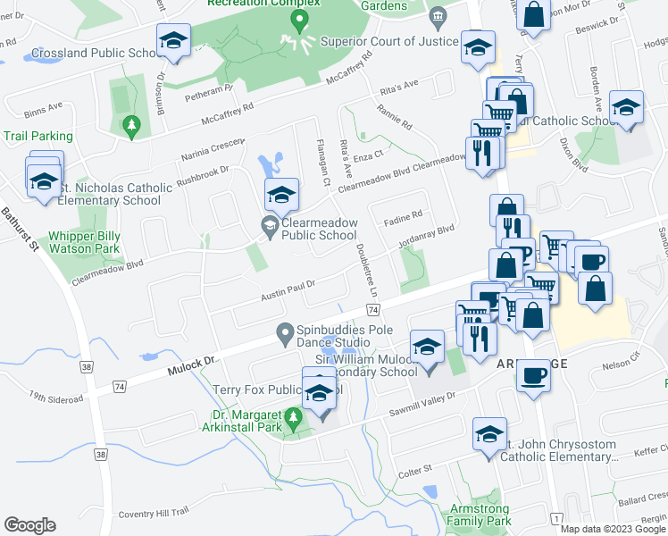 map of restaurants, bars, coffee shops, grocery stores, and more near 133 Austin Paul Drive in Newmarket