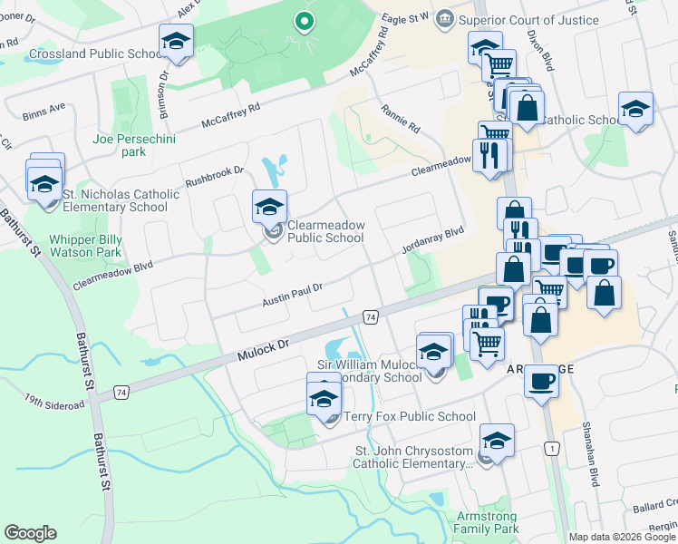 map of restaurants, bars, coffee shops, grocery stores, and more near 133 Austin Paul Drive in Newmarket