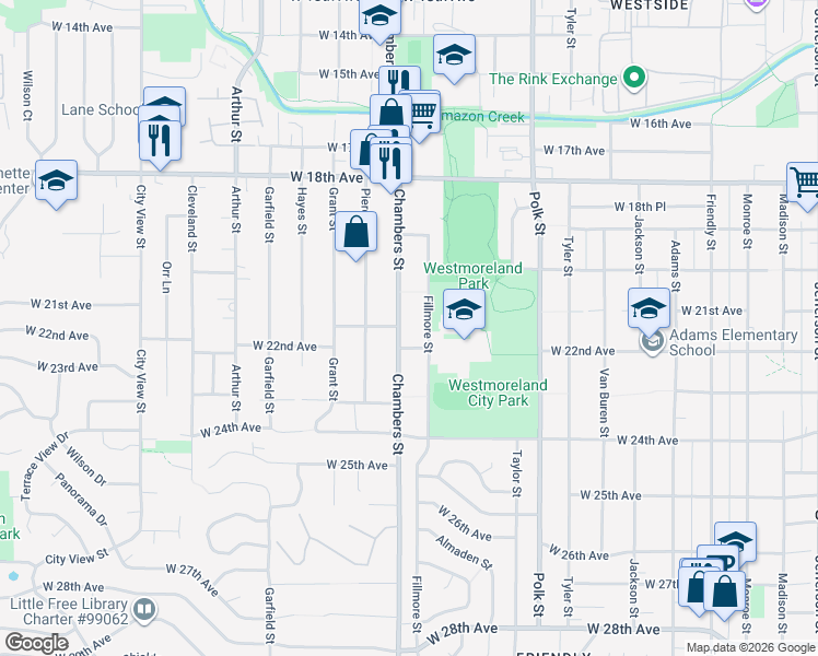 map of restaurants, bars, coffee shops, grocery stores, and more near 2155 Chambers Street in Eugene