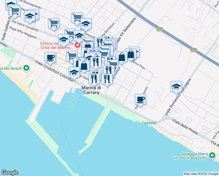 map of restaurants, bars, coffee shops, grocery stores, and more near 33 Via Firenze in Marina di Carrara