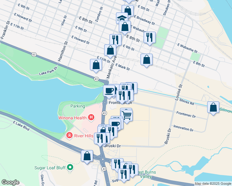 map of restaurants, bars, coffee shops, grocery stores, and more near 910 Frontenac Drive in Winona