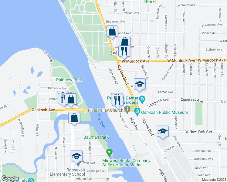 map of restaurants, bars, coffee shops, grocery stores, and more near 1545 Arboretum Drive in Oshkosh