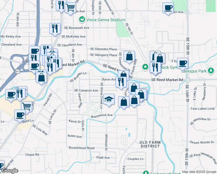 map of restaurants, bars, coffee shops, grocery stores, and more near 20555 Southeast Cameron Avenue in Bend