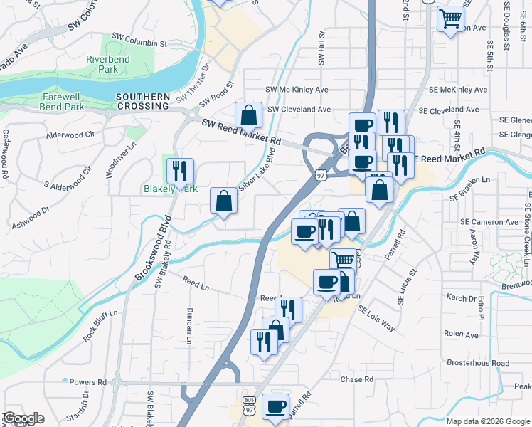 map of restaurants, bars, coffee shops, grocery stores, and more near 1298 Southwest Wheeler Place in Bend