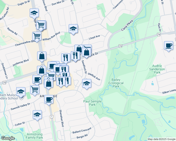 map of restaurants, bars, coffee shops, grocery stores, and more near 29 United Circle in Newmarket