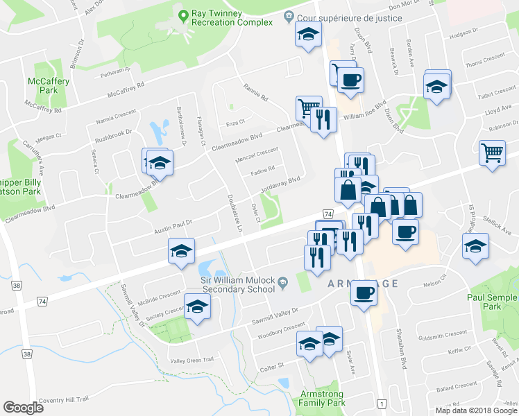 map of restaurants, bars, coffee shops, grocery stores, and more near 595 Osler Court in Newmarket