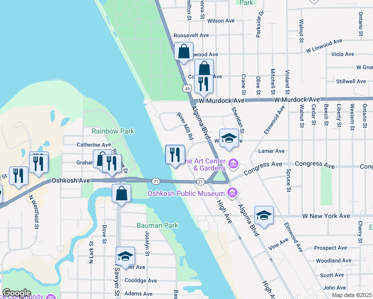 map of restaurants, bars, coffee shops, grocery stores, and more near 1515 Arboretum Drive in Oshkosh