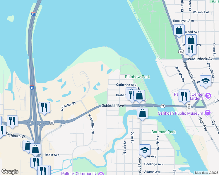 map of restaurants, bars, coffee shops, grocery stores, and more near 1502 North Eagle Street in Oshkosh