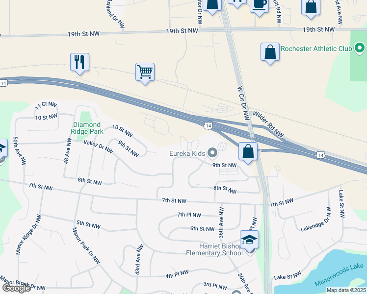 map of restaurants, bars, coffee shops, grocery stores, and more near in Rochester
