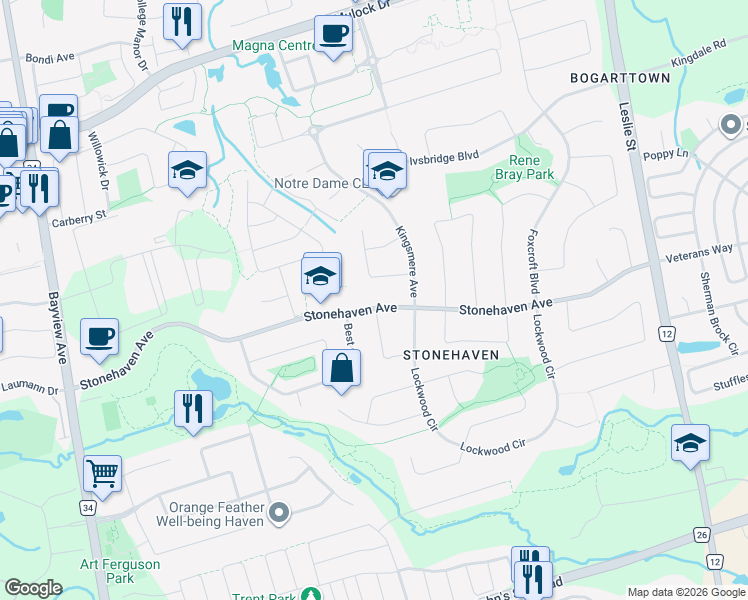 map of restaurants, bars, coffee shops, grocery stores, and more near 905 Stonehaven Avenue in Newmarket