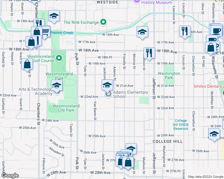 map of restaurants, bars, coffee shops, grocery stores, and more near 2160 Adams Street in Eugene
