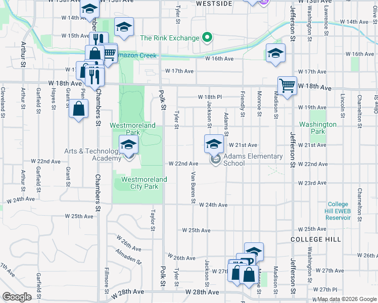 map of restaurants, bars, coffee shops, grocery stores, and more near 2150 Van Buren Street in Eugene