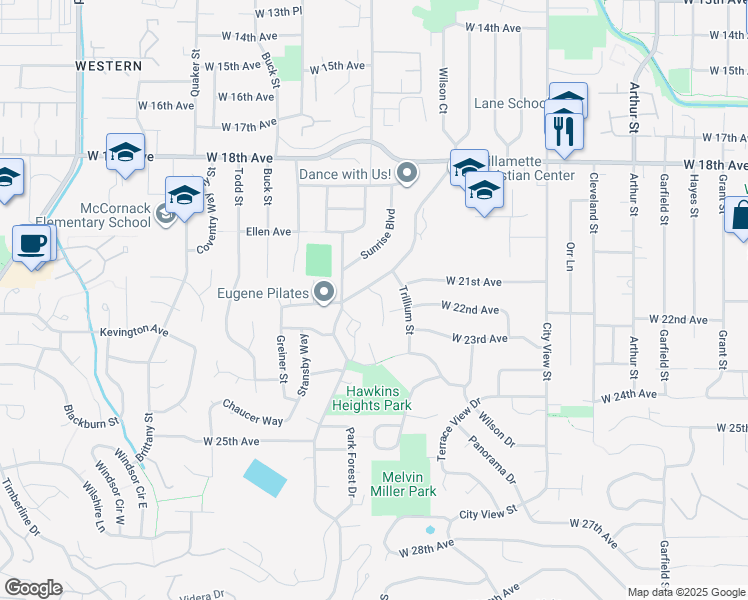 map of restaurants, bars, coffee shops, grocery stores, and more near 2111 Hawkins Lane in Eugene