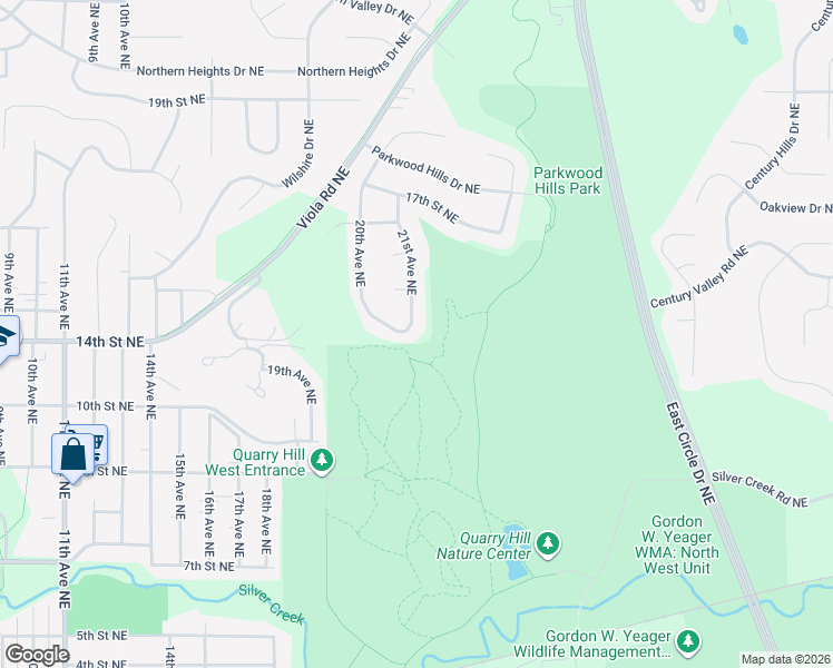 map of restaurants, bars, coffee shops, grocery stores, and more near 1318 21st Avenue Northeast in Rochester