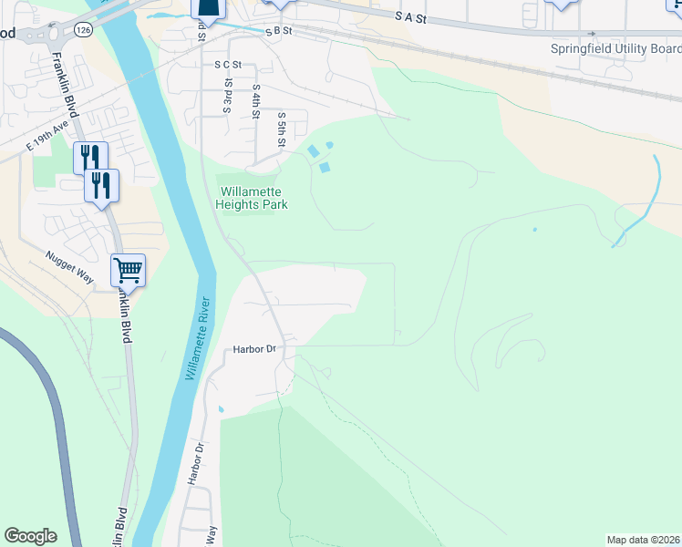 map of restaurants, bars, coffee shops, grocery stores, and more near 737 Shasta Boulevard in Springfield