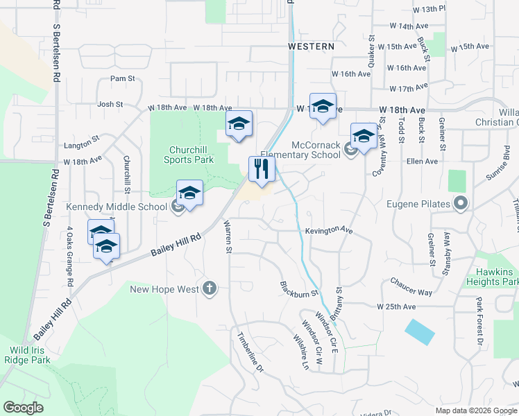 map of restaurants, bars, coffee shops, grocery stores, and more near 2101 Bailey Hill Road in Eugene