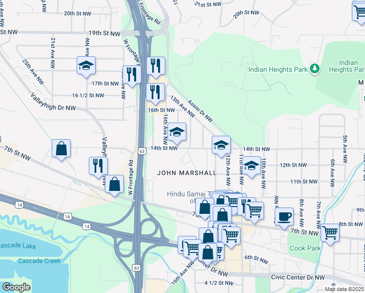 map of restaurants, bars, coffee shops, grocery stores, and more near 1419 15th Avenue Northwest in Rochester