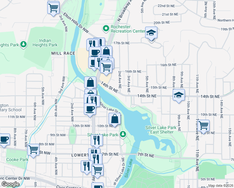 map of restaurants, bars, coffee shops, grocery stores, and more near 127 14th Street Northeast in Rochester