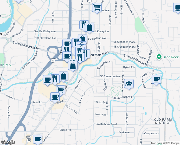 map of restaurants, bars, coffee shops, grocery stores, and more near 20434 Cider Court in Bend