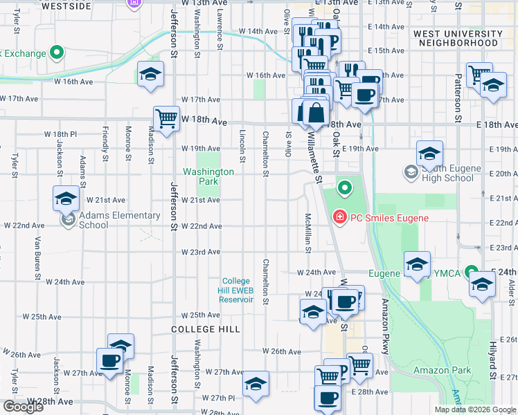 map of restaurants, bars, coffee shops, grocery stores, and more near 2072 Charnelton Street in Eugene