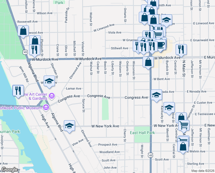 map of restaurants, bars, coffee shops, grocery stores, and more near 1002 West Bent Avenue in Oshkosh