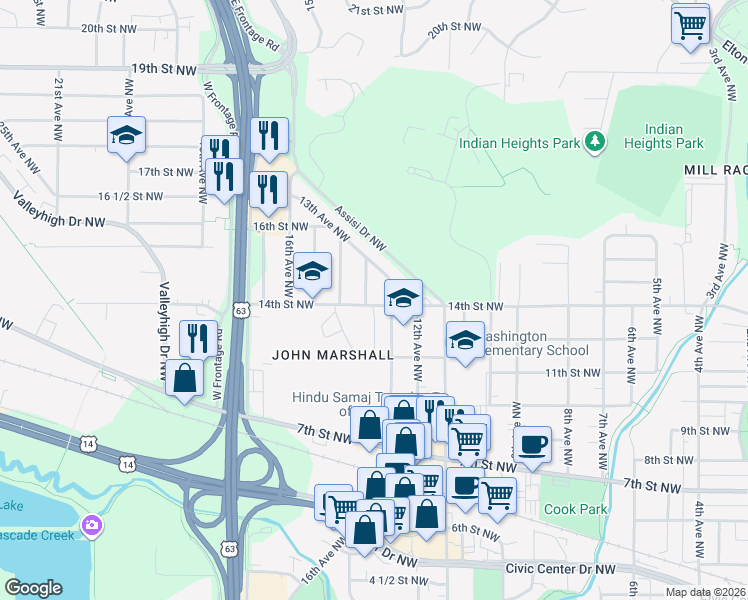 map of restaurants, bars, coffee shops, grocery stores, and more near 1417 14th Avenue Northwest in Rochester