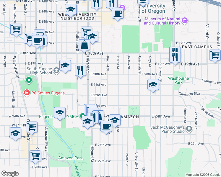map of restaurants, bars, coffee shops, grocery stores, and more near 2133 Kincaid Street in Eugene