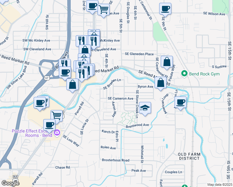 map of restaurants, bars, coffee shops, grocery stores, and more near 20482 Southeast Elijah Court in Bend