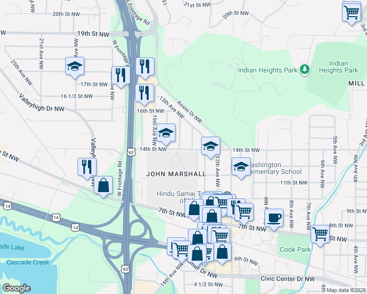 map of restaurants, bars, coffee shops, grocery stores, and more near 1417 14th Avenue Northwest in Rochester